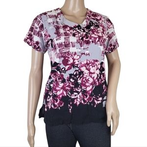 Greys Anatomy Scrub Top Purple Gray Floral Print Black Pink